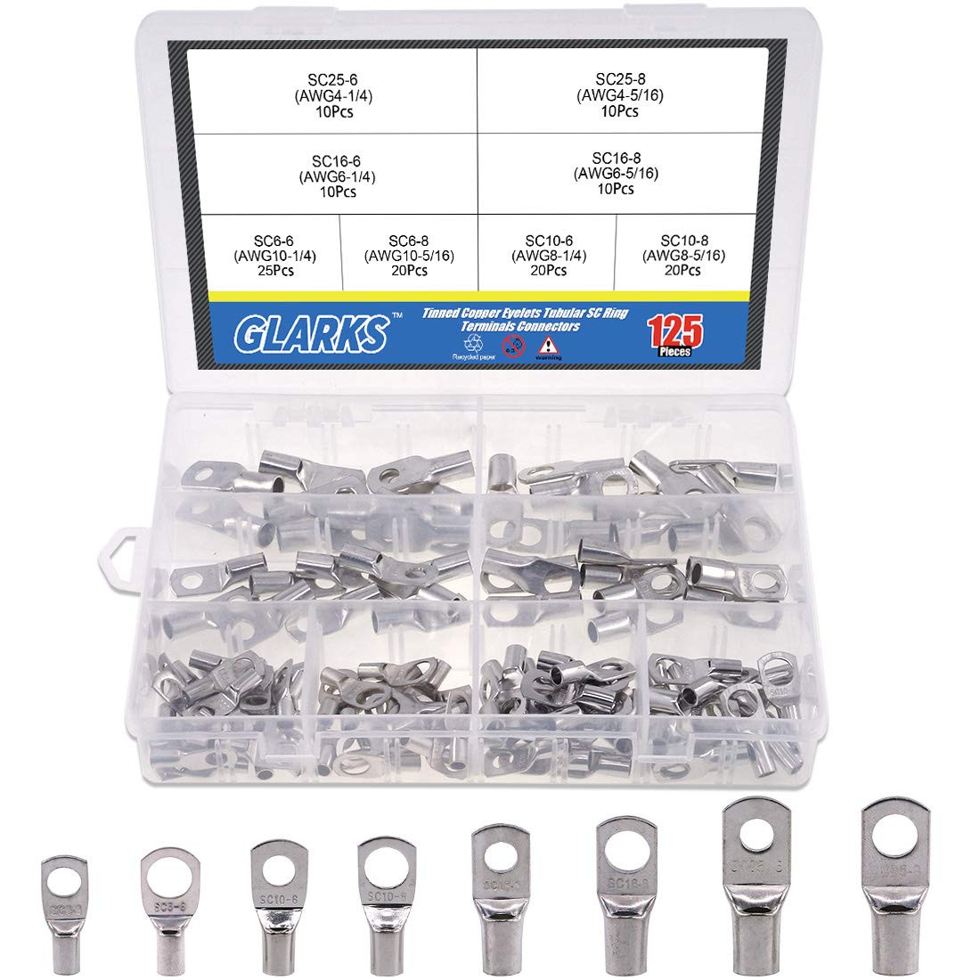 125Pcs Marine Grade Copper Wire Lugs Battery Terminals SC Ring Connectors Kit