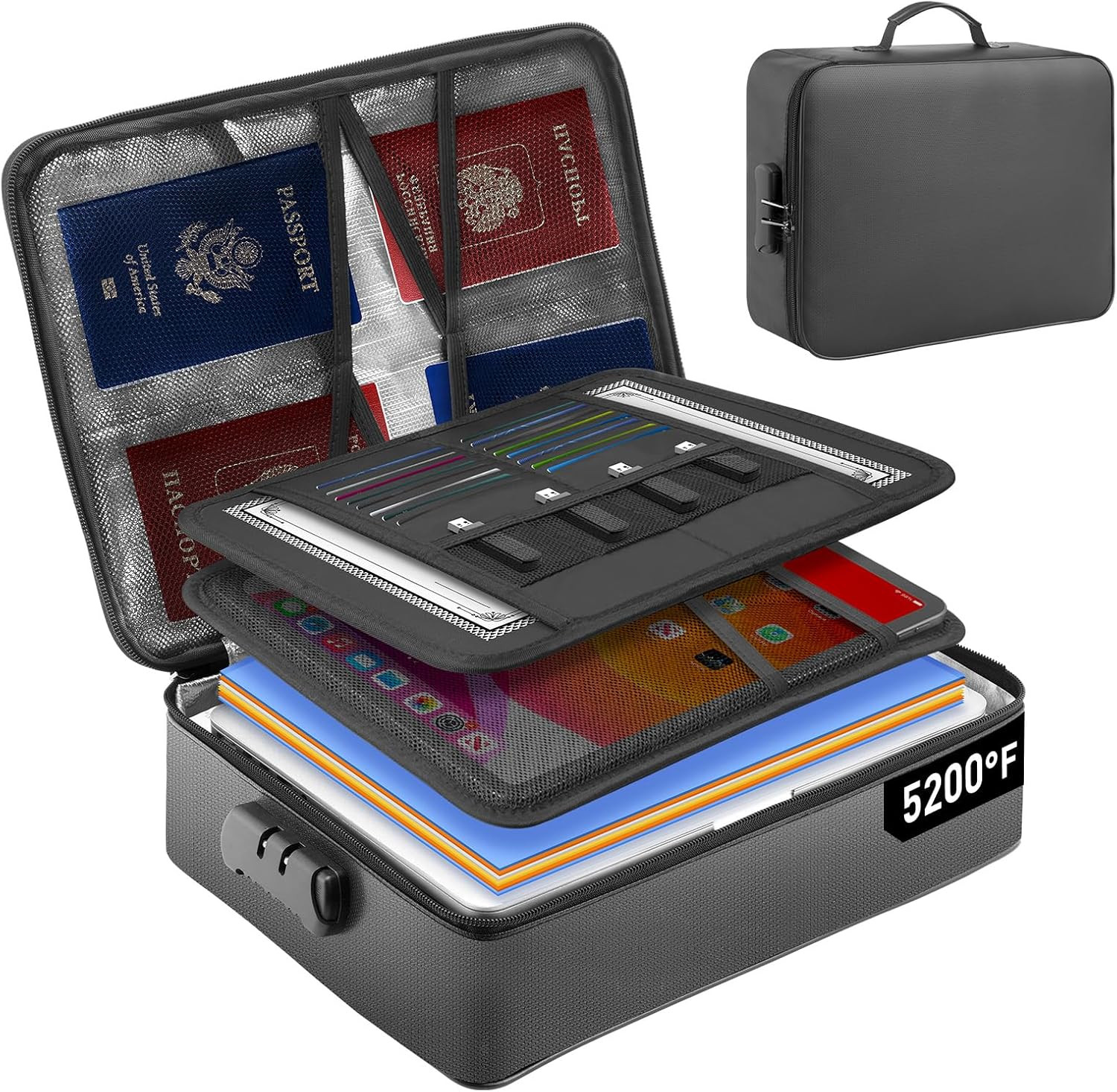 3-Layer Fireproof Document Box with Lock File Storage Box Waterproof Safe Bag US