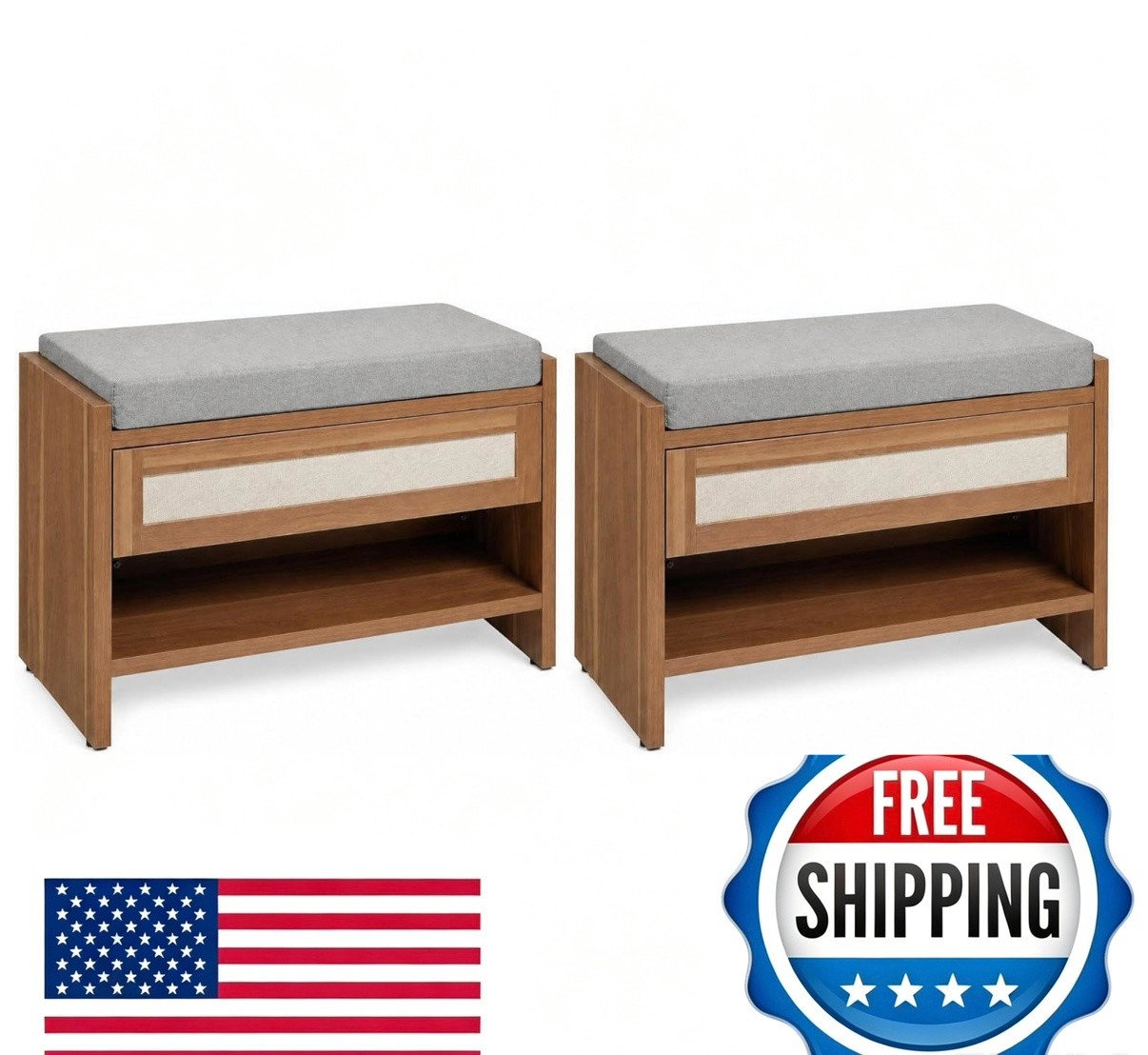 GarveeHome Rattan Entryway Shoe Bench with Storage Drawer & Padded L 2 Pack 31"
