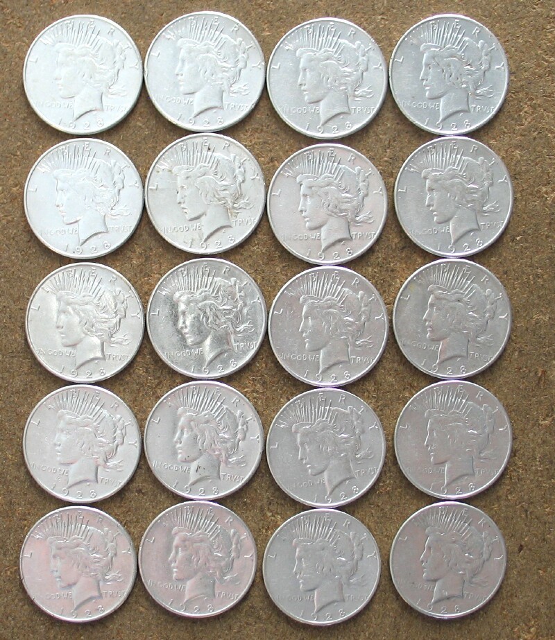 ROLL 1928-S PEACE SILVER DOLLARS..  AU/BU    (UP TO 7 ROLLS AVAILABLE)