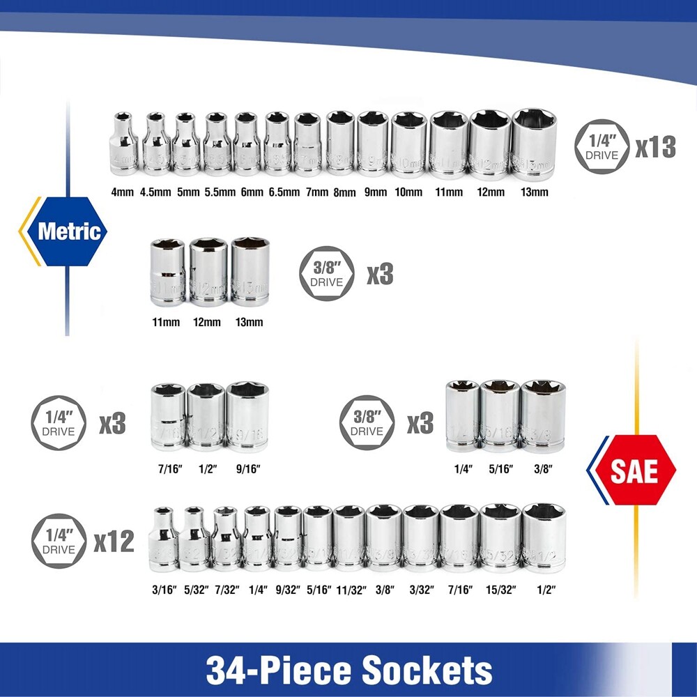 WORKPRO 140/101/39Pcs 3/8" 1/4" Drive Wrench Socket Set SAE Metric Socket Tools