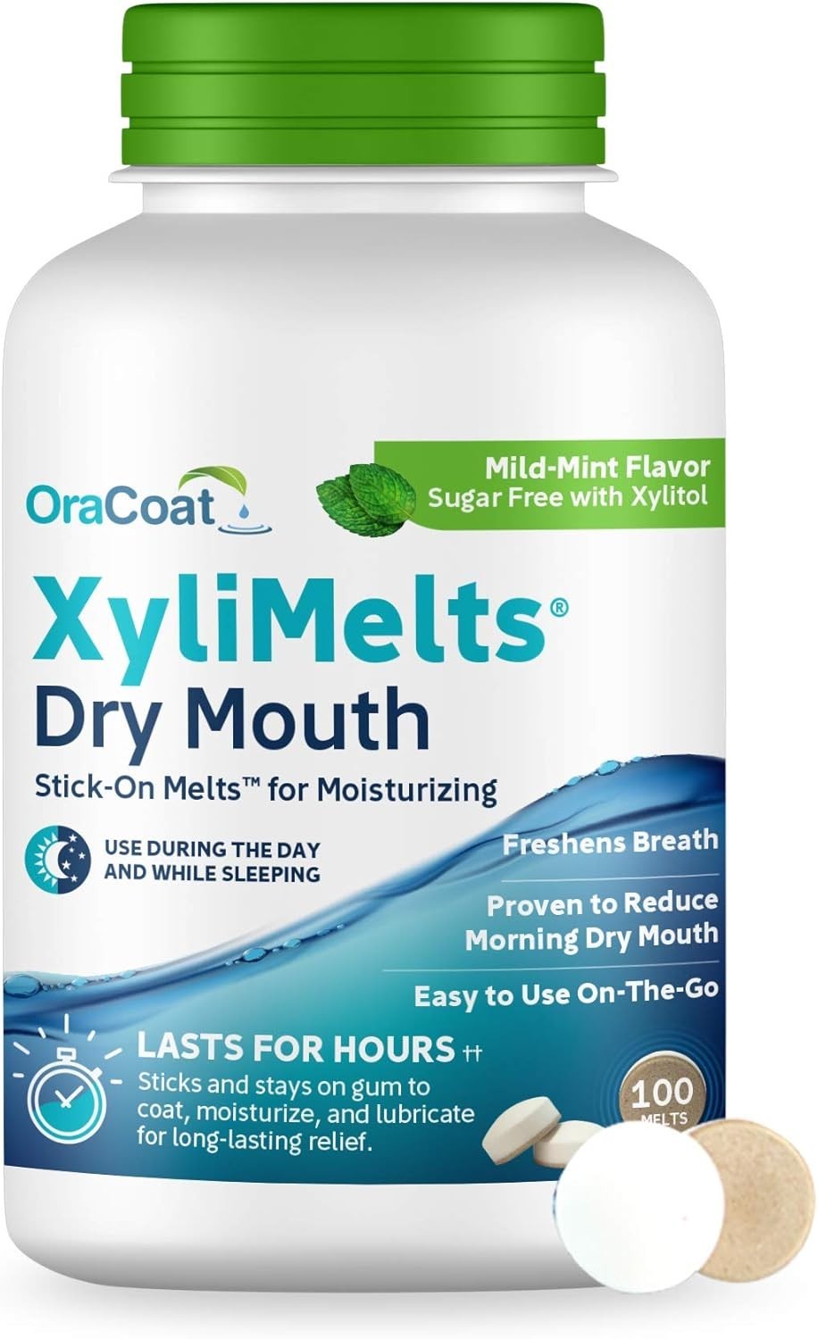 Oracoat Xylimelts Dry Mouth Relief Discs -100 Count, Natural Mint,Nighttime