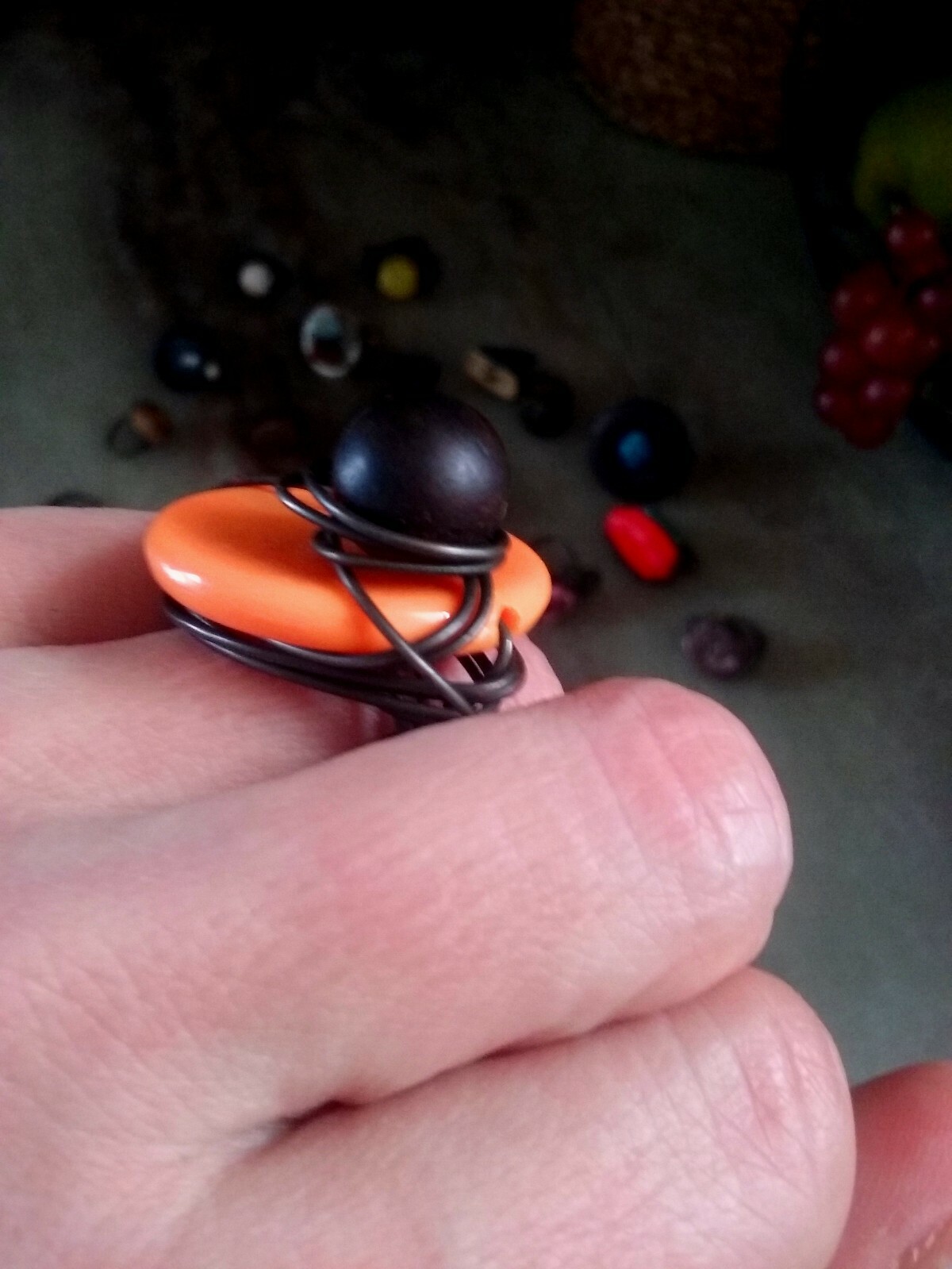 Large Wire Wrapped Statement Ring, Orange Disc with Ball Charm, Size 8, NEW