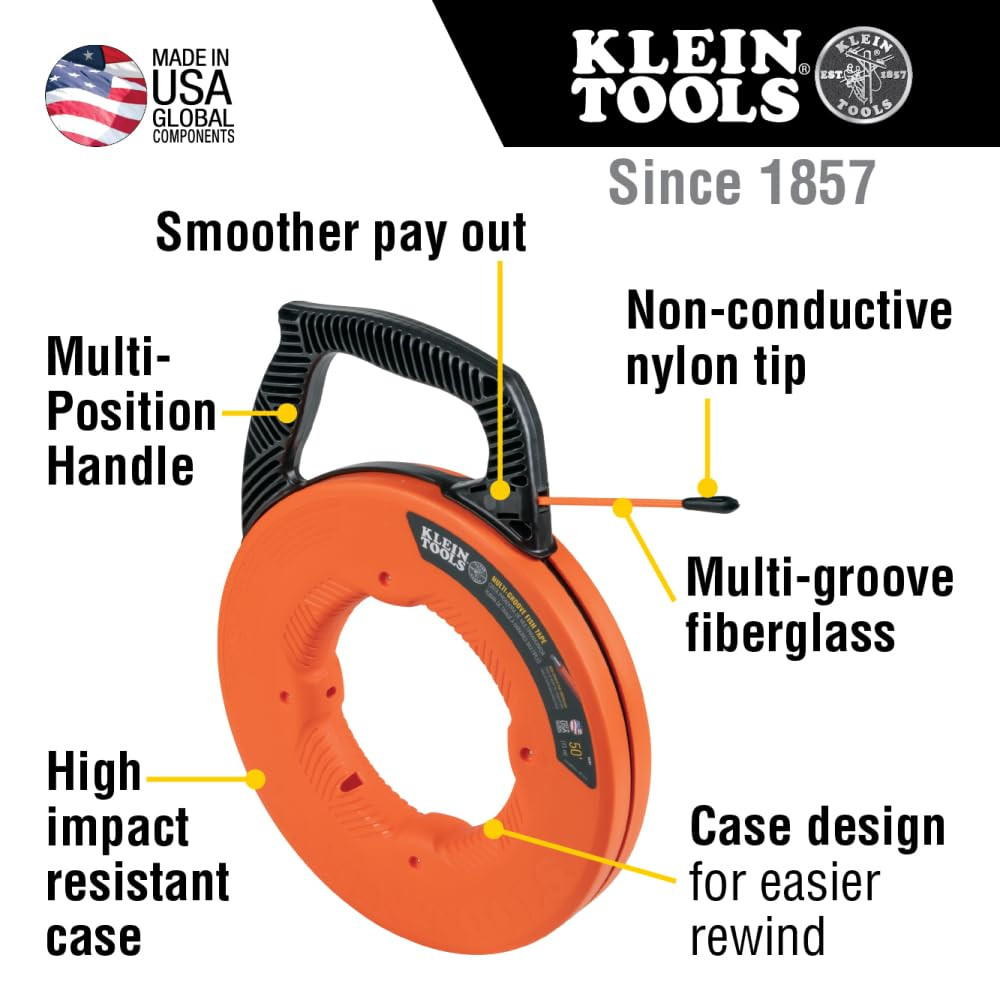 56383 Non-Conductive Electrical Fish Tape, Multi-Groove Fiberglass Wire Puller,