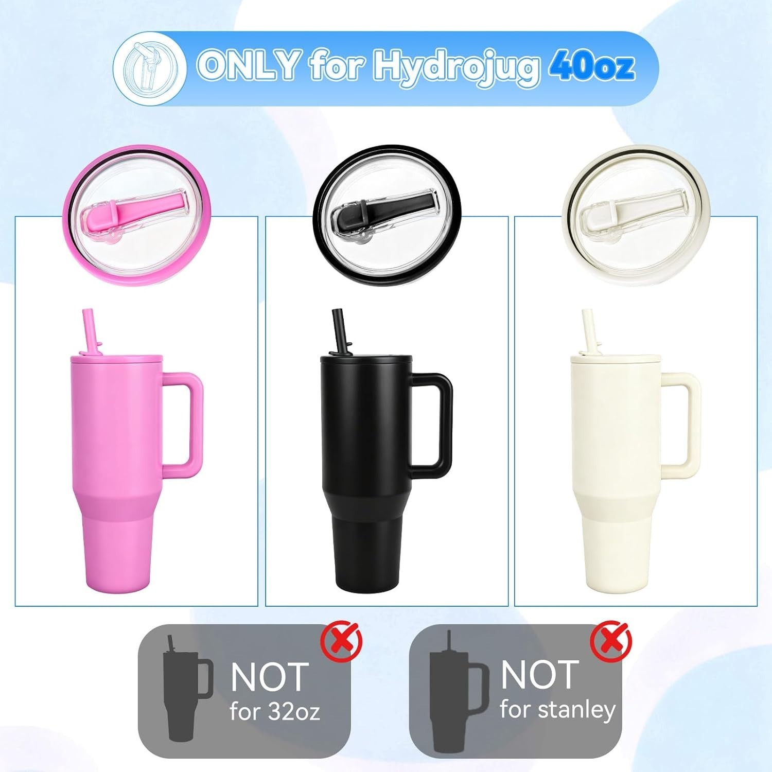 Cream 40oz HydroJug Flip Straw Leak-Proof Lid with 4 Straws, BPA-Free, Dishwa...