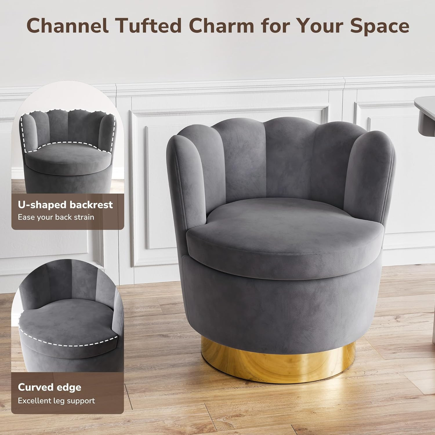 Set of 2 Modern Velvet Swivel Accent Chairs - Dark Grey Barrel Design