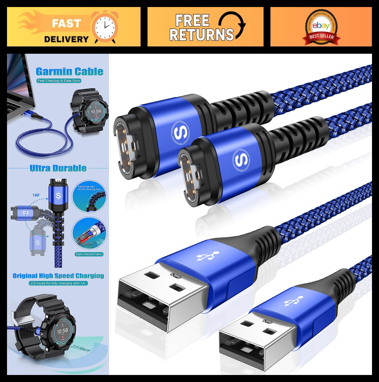 Charger Cable for Garmin Watches [2-Pack, 4ft] - Compatible with Fenix, Forerunn