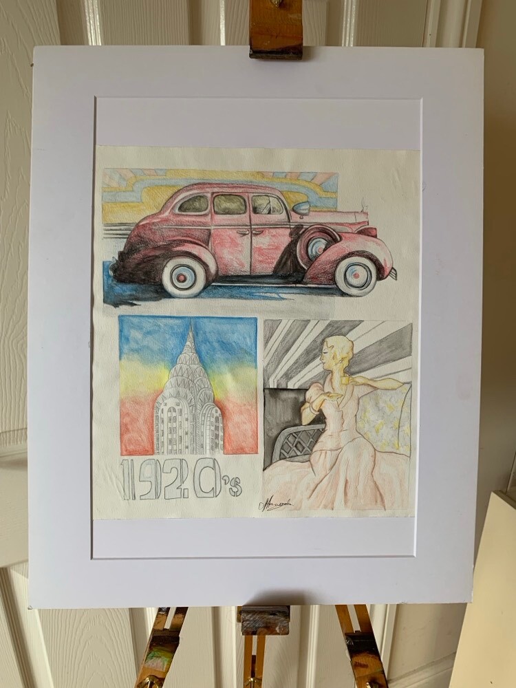 Coloured pencil montage drawing - Art deco still life