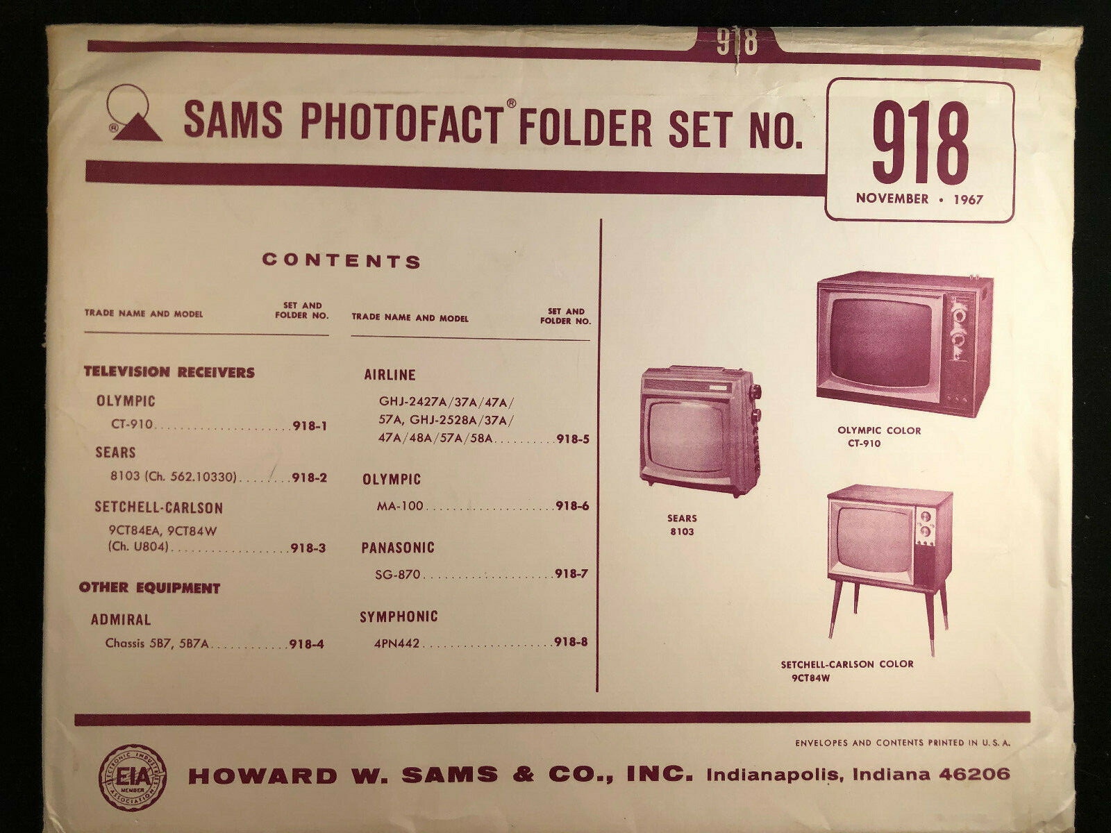 SAMS PHOTOFACT FOLDER SET NO. 918, 1967, SCHEMATICS & SERVICE MANUALS