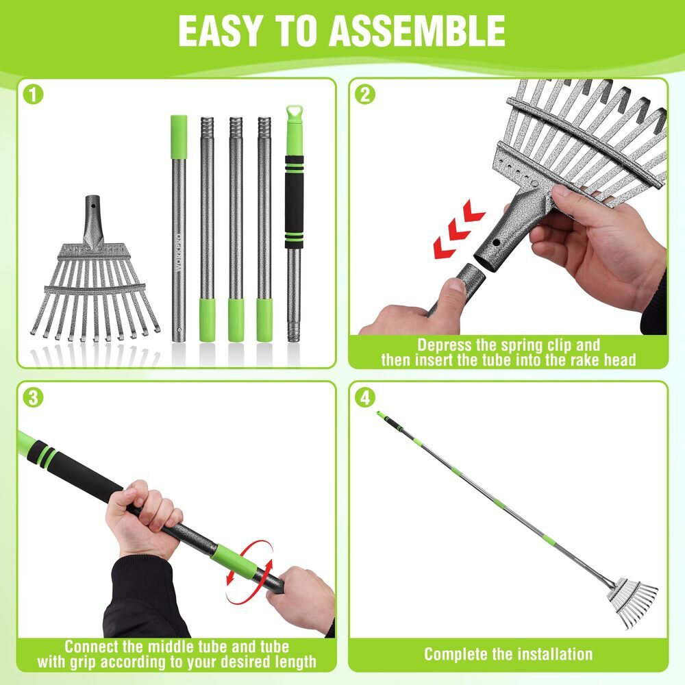 WORKPRO Rake Small Rake for Leaves with 72” Adjustable Long Handle 11 Steel Tine