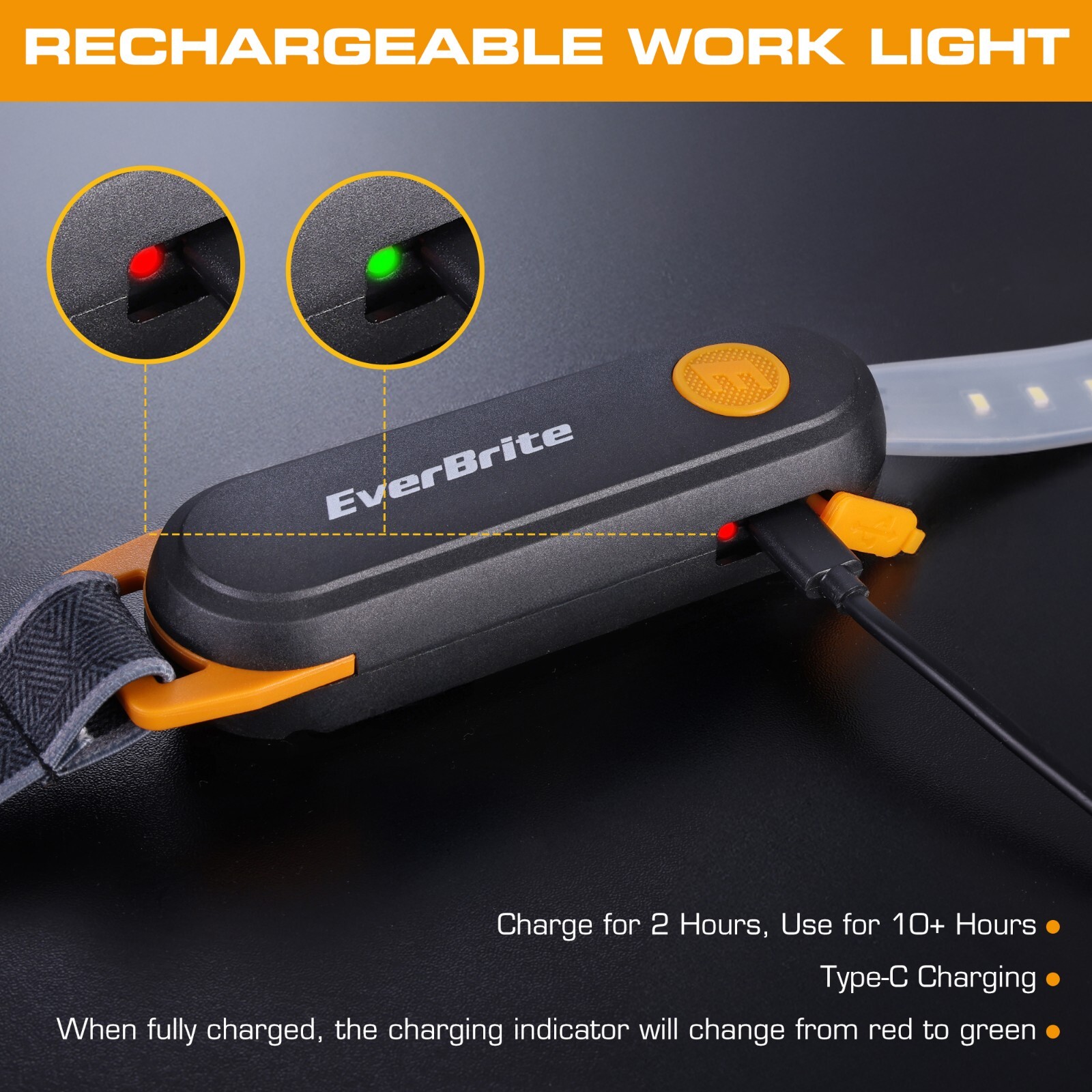 EverBrite Rechargeable Underhood Work Light Magnetic 3 Power Modes w/Straps&Hook