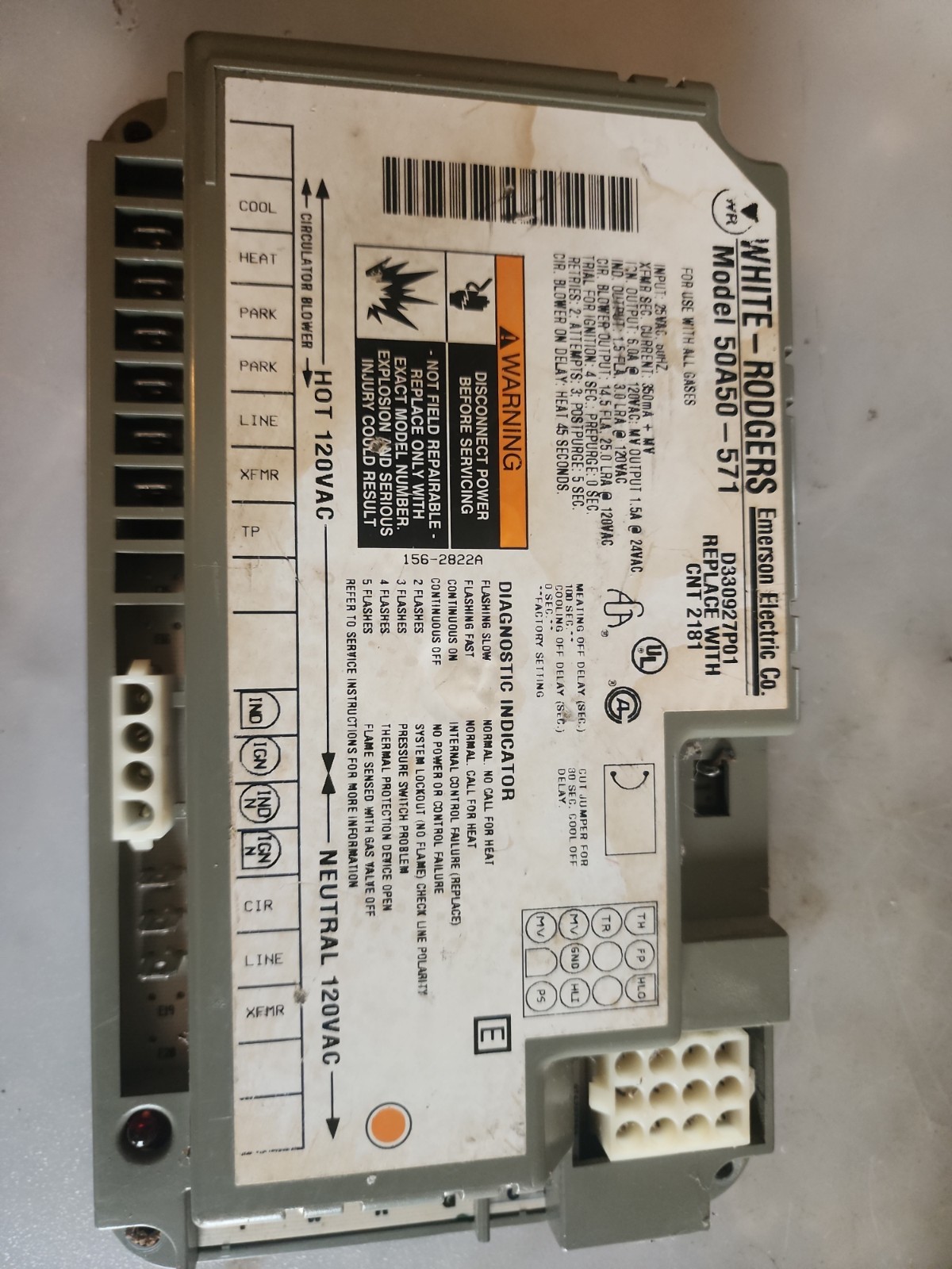 White Rodgers D330927P01 Furnace Control Circuit Board Model 50A50-571 #35