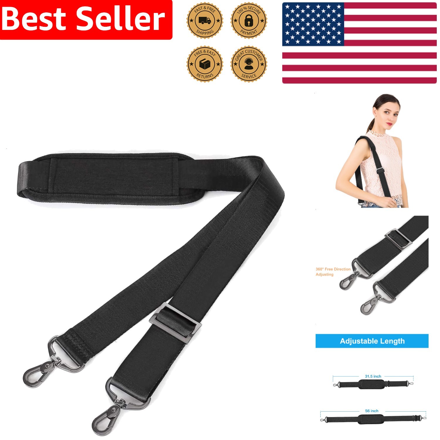 Black Shoulder Strap Padded Adjustable Non-Slip Replacement for Laptop Messen...