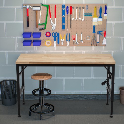 Adjustable Height Workbench 60"L Wood Top Work Bench Table w/ Power Outlets