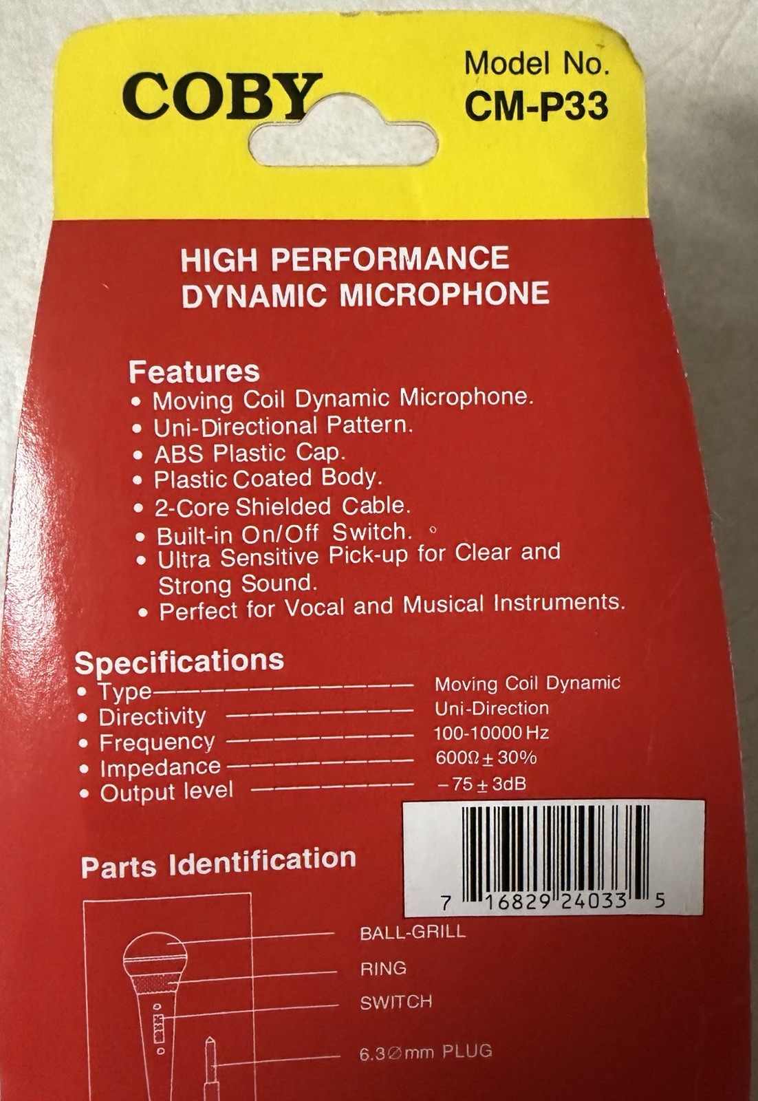 COBY CM-P33 Dynamic Cable Professional Microphone New Sealed