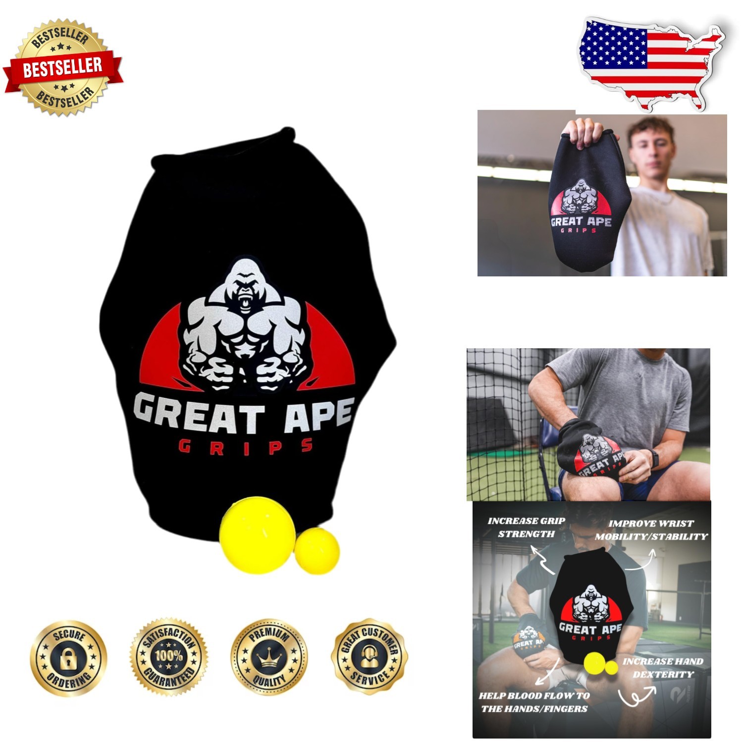 Black Grip Trainer Hand Forearm Strengthener - High Tension Neoprene Dual Balls