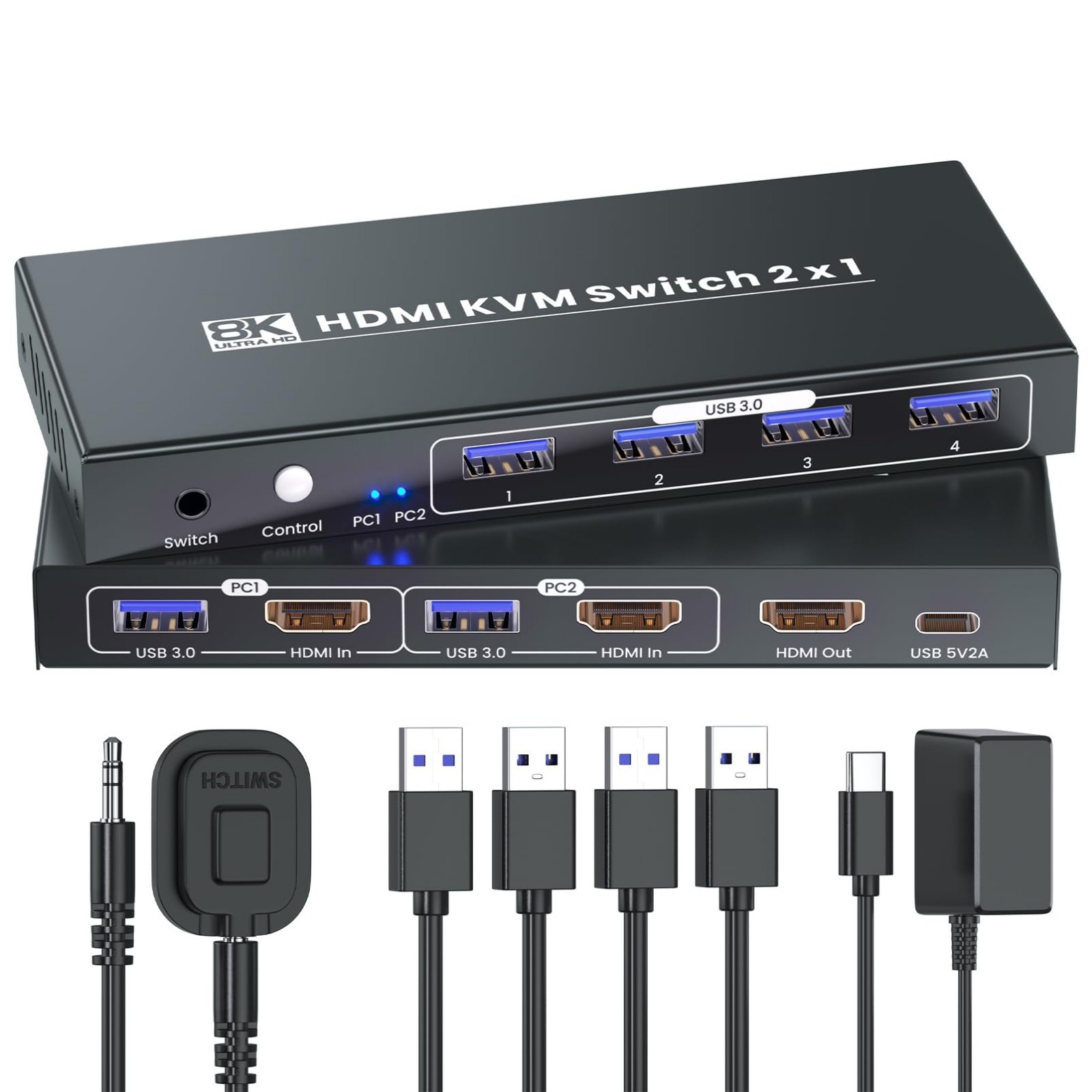 HDMI KVM Switch 1 Monitor 2 Computers, 8K60Hz 4K120Hz USB 3.0 2 Port HDMI KVM