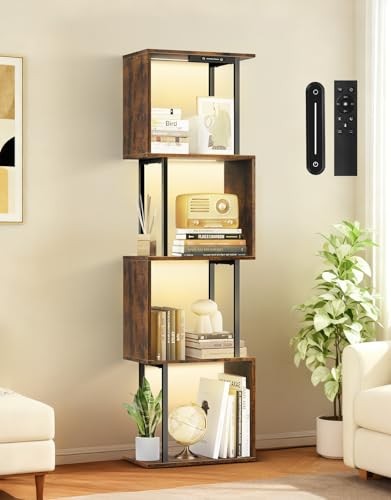 S-Shaped Geometric Bookshelf with LED Light, 3 Color 5 Tier Rustic Brown