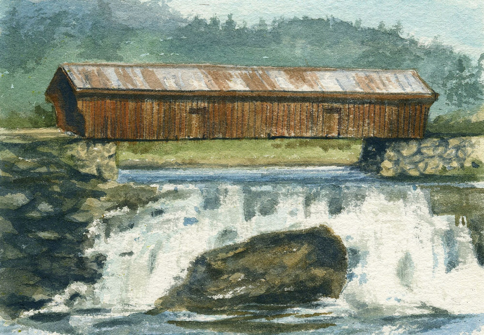 Willard Covered Bridge & Waterfall, Hartland, Vermont. Watercolor art notecards