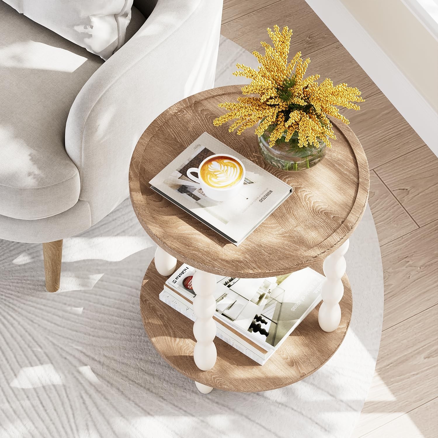 Round End Table, 2-Tier Farmhouse 18.5'' 18.5" Round, White