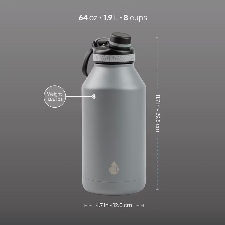 TAL Stainless Steel Ranger Water Bottle 64oz, Gray