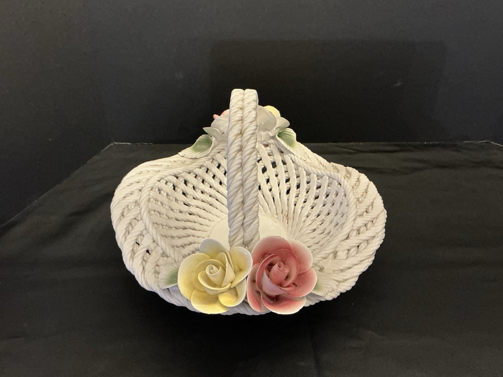 Large 13" Diameter Capodimonte Lattice & Roses Porcelain Basket