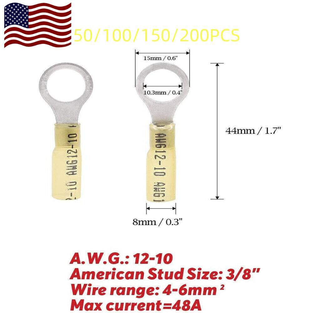 50/200x Heat Shrink Ring Terminal wire Connector Yellow 12-10 AWG Gauge 3/8 Hole