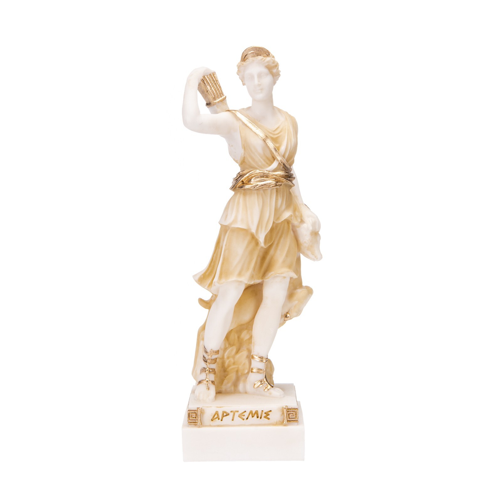 Goddess Artemis Diana Greek Statue Nature Moon Gold Tone Alabaster 8.66 Inches