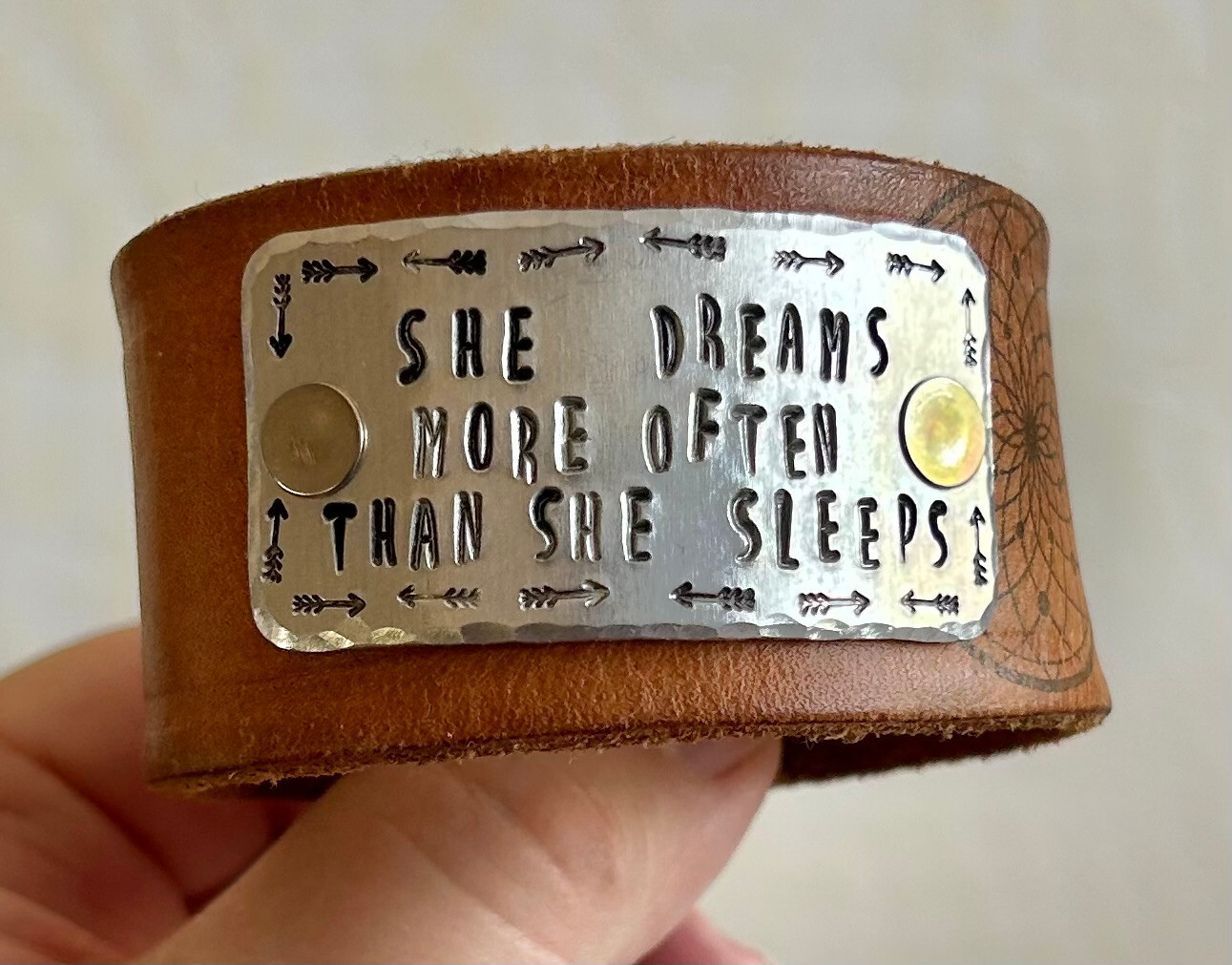 LEATHER Bracelet CUFF She Dreams More Often Than She Sleeps Dreamcatcher Feather