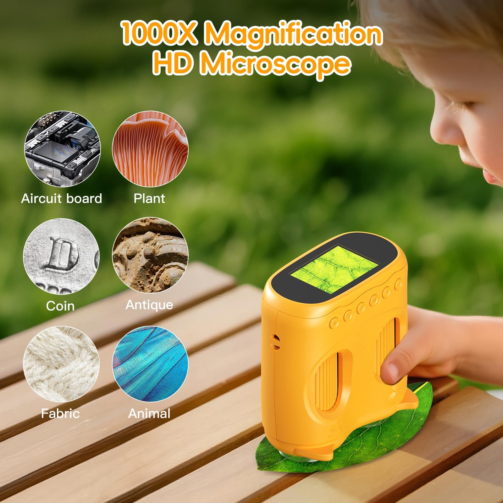 2-in-1 Kids Microscope & Telescope, 1000X, 2" IPS(Yellow)