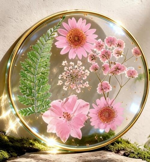 Oqplog Resin Drink Coaster for Desk Coffee Table-Cute Dried Flowers Cup Pink