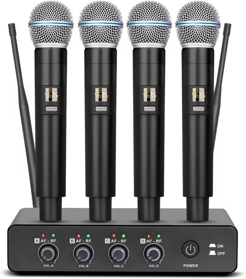B-2000 Wireless Microphone System - 4 Handheld Mics for Karaoke & Events