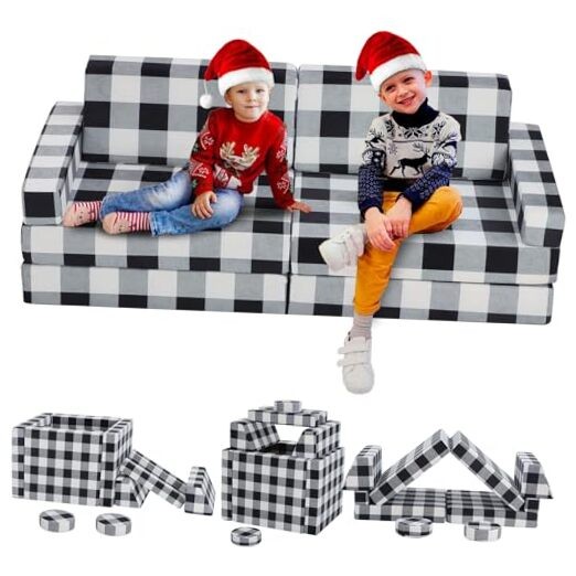 10 Pc Black & White Kids Couch, Buffalo Check Toddler Sofa, Black and White