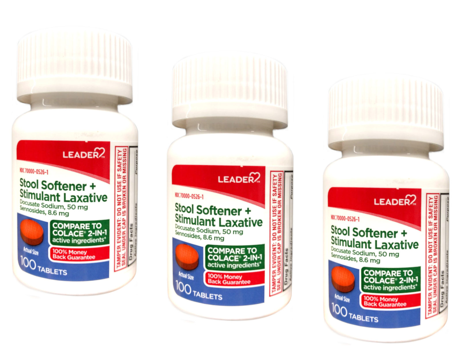 Leader Stool Softener + Stimulant Laxative 3-Pack 100 Ct Relieves Constipation