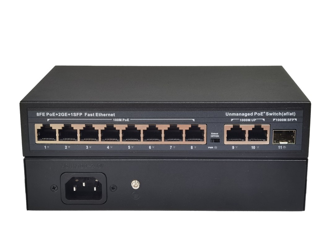 8-Port 100Gb+2-Port Gigabit+1-Port Gigabit SFP POE Switch With Power Cord