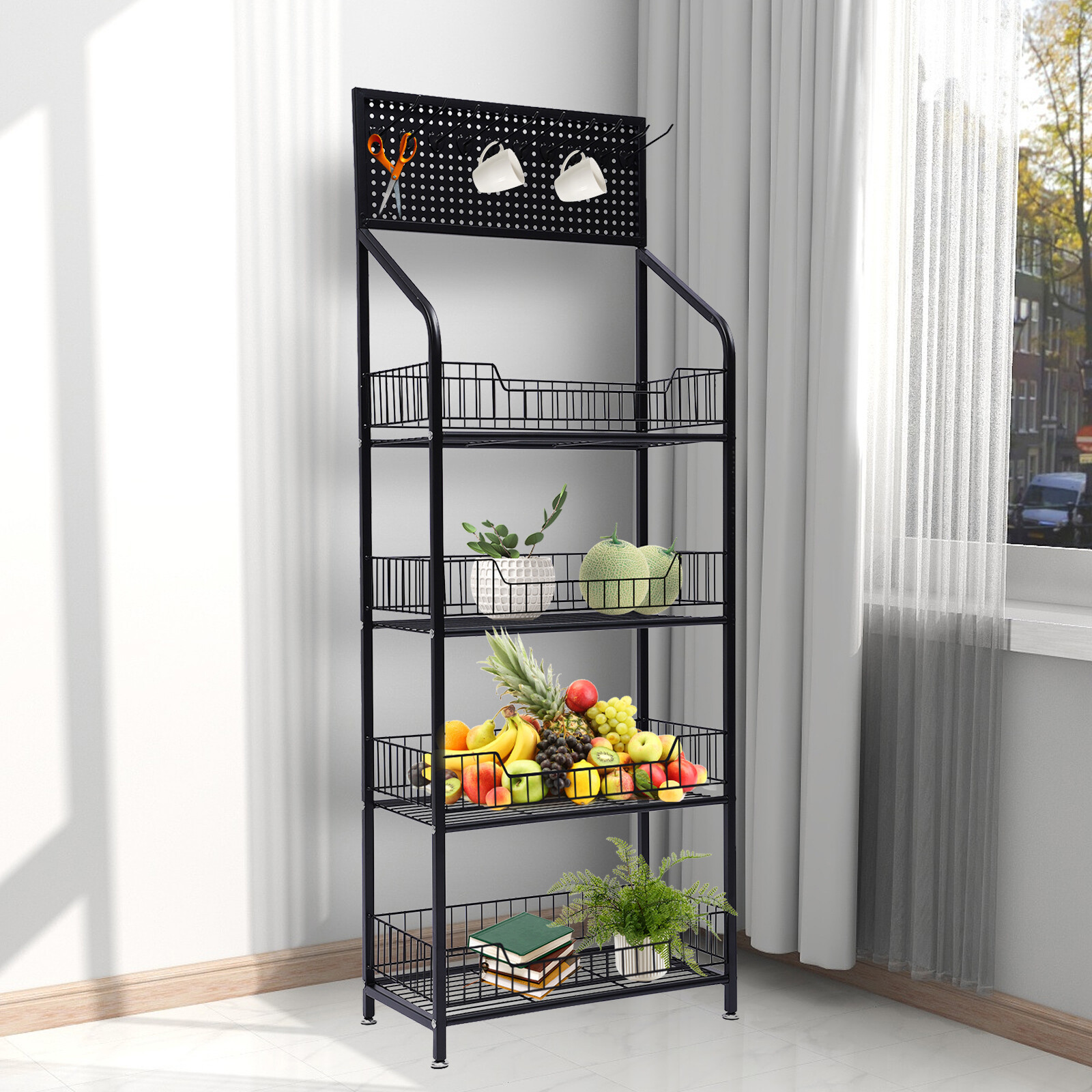 4-Tier Metal Baker's Rack With Locking Wheels, Wine Rack & 5 Hooks