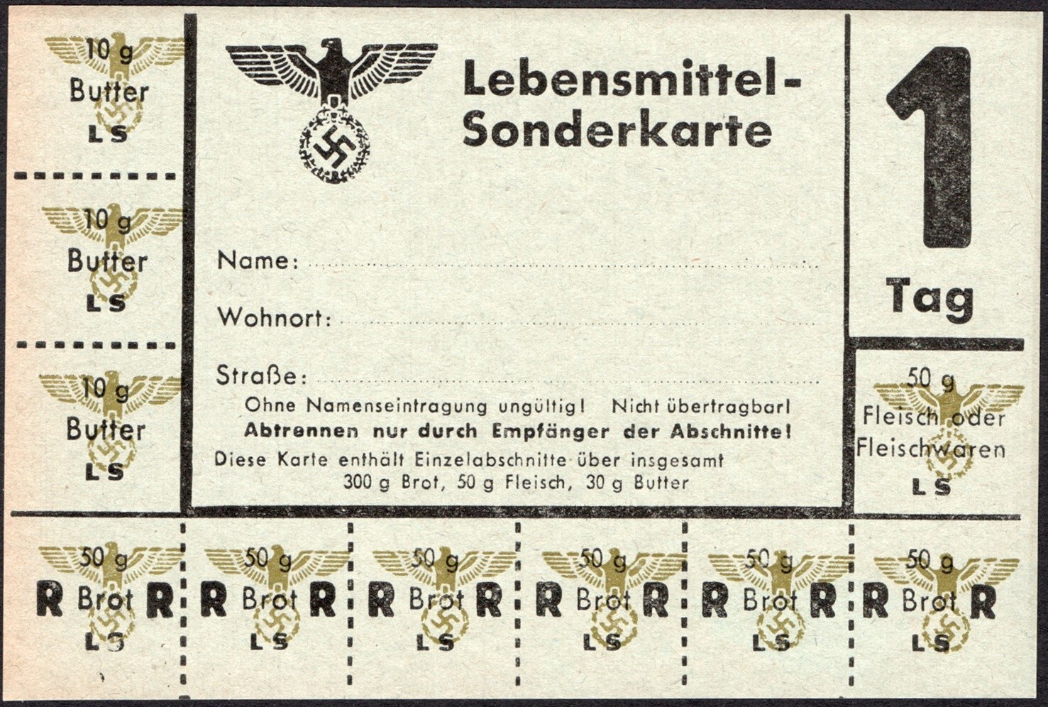 1 day - Food Rations coupon (butter, meat, bread) - WWII 1939-1945 Germany