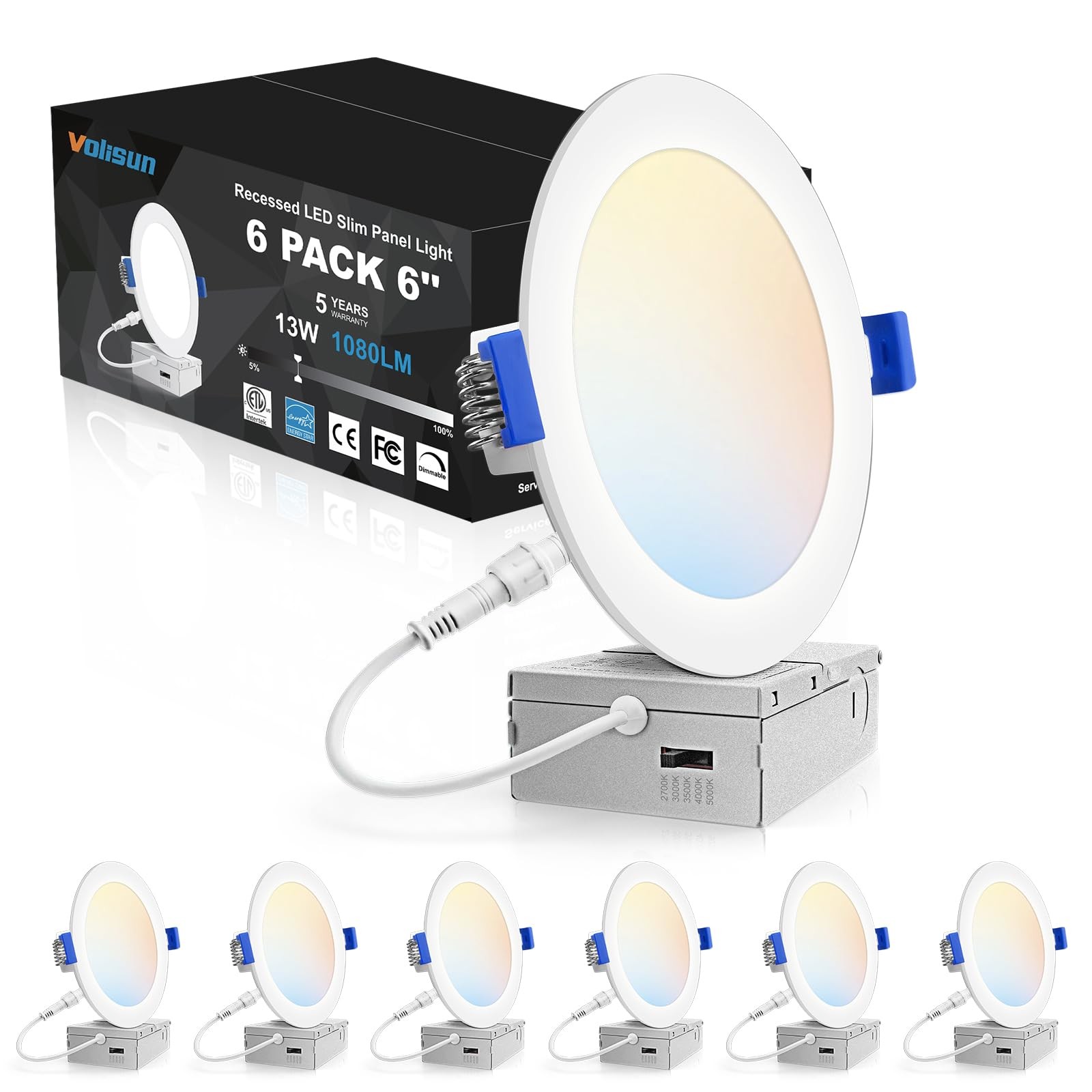 VOLISUN 6 Pack 6 inch Recessed Lighting, 5CCT Ultra-Thin LED 6 INCH, White