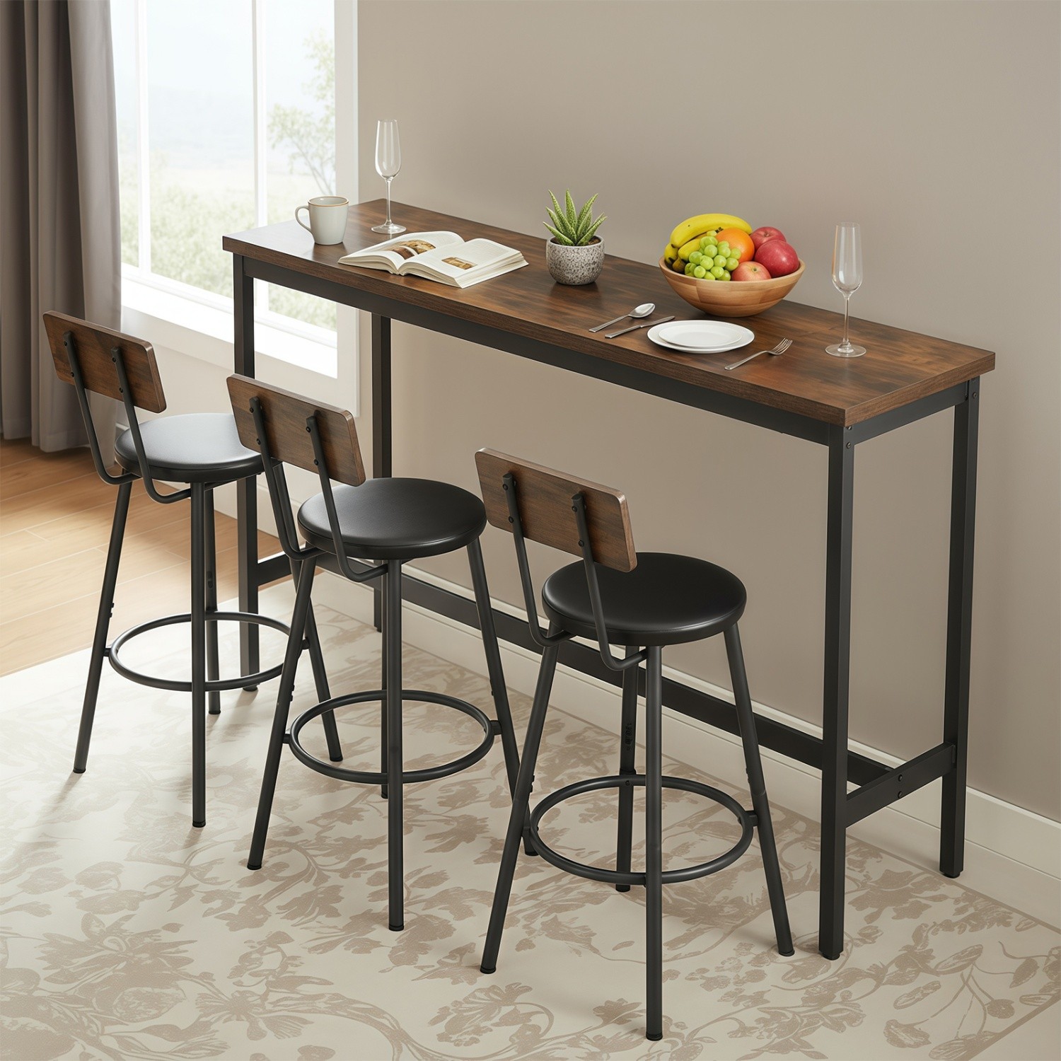 4 Piece Counter Height Kitchen Bar Table Set w/ 3 PU Bar Stools for Small Space