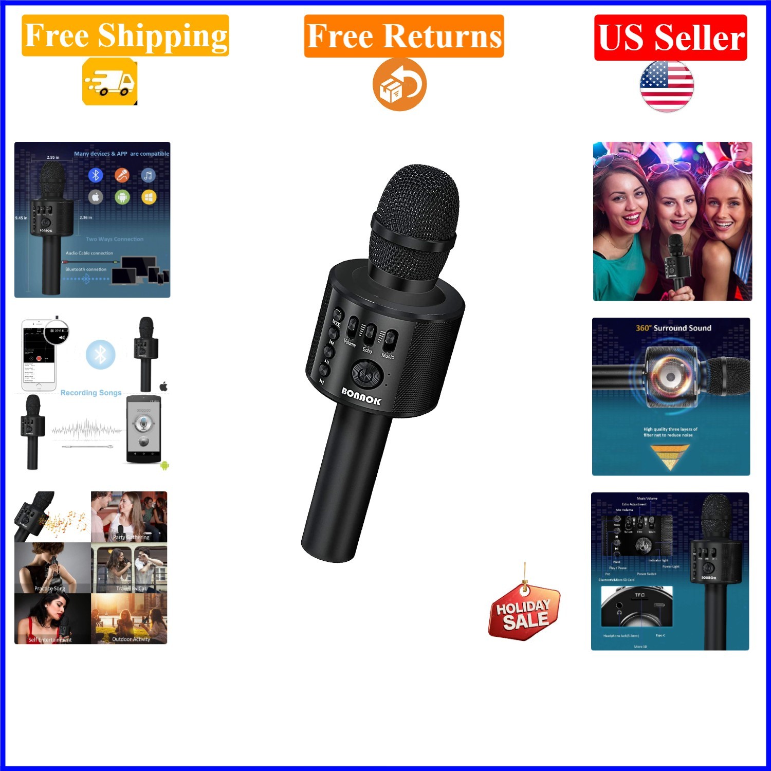 Wireless Bluetooth Karaoke Microphone 3-in-1 Portable Microphone & Speaker Black