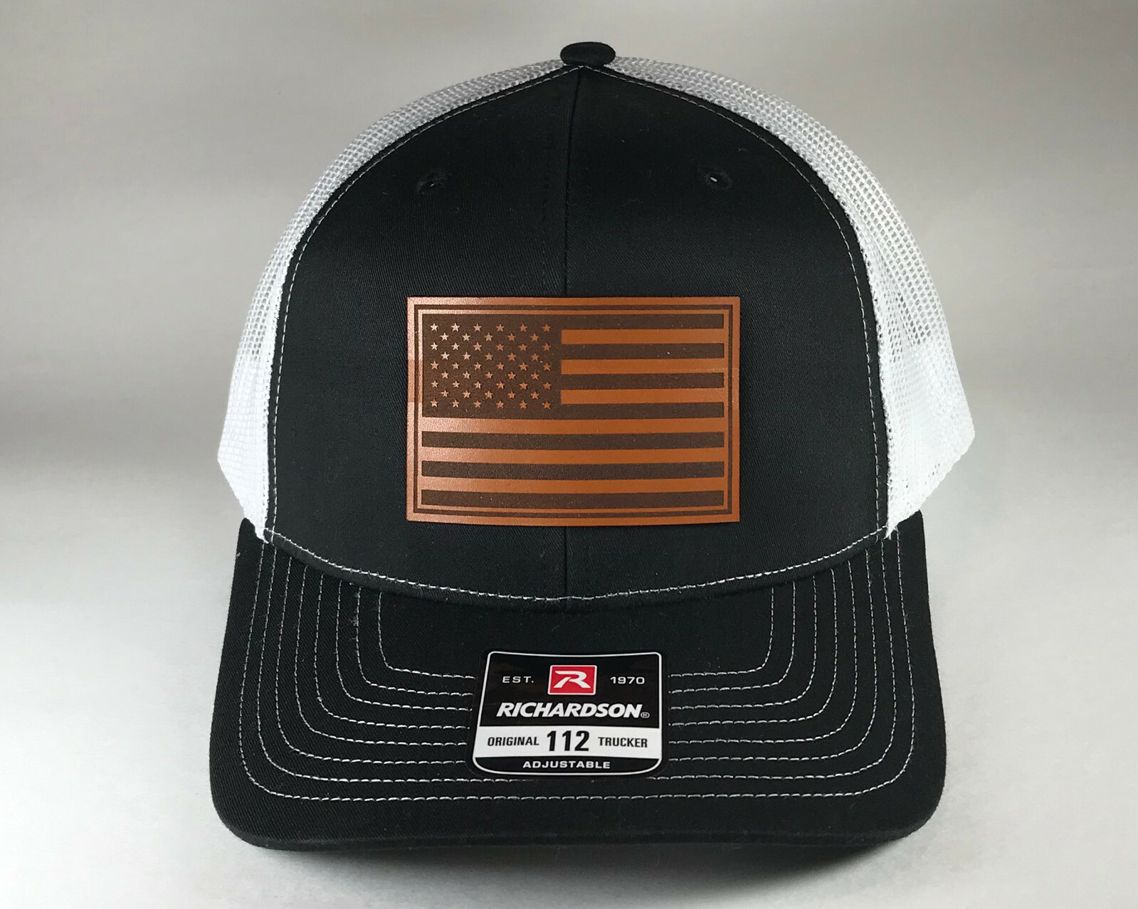 Richardson 112 American Flag 6 Panel Snapback Trucker Mesh Hat Leather Patch