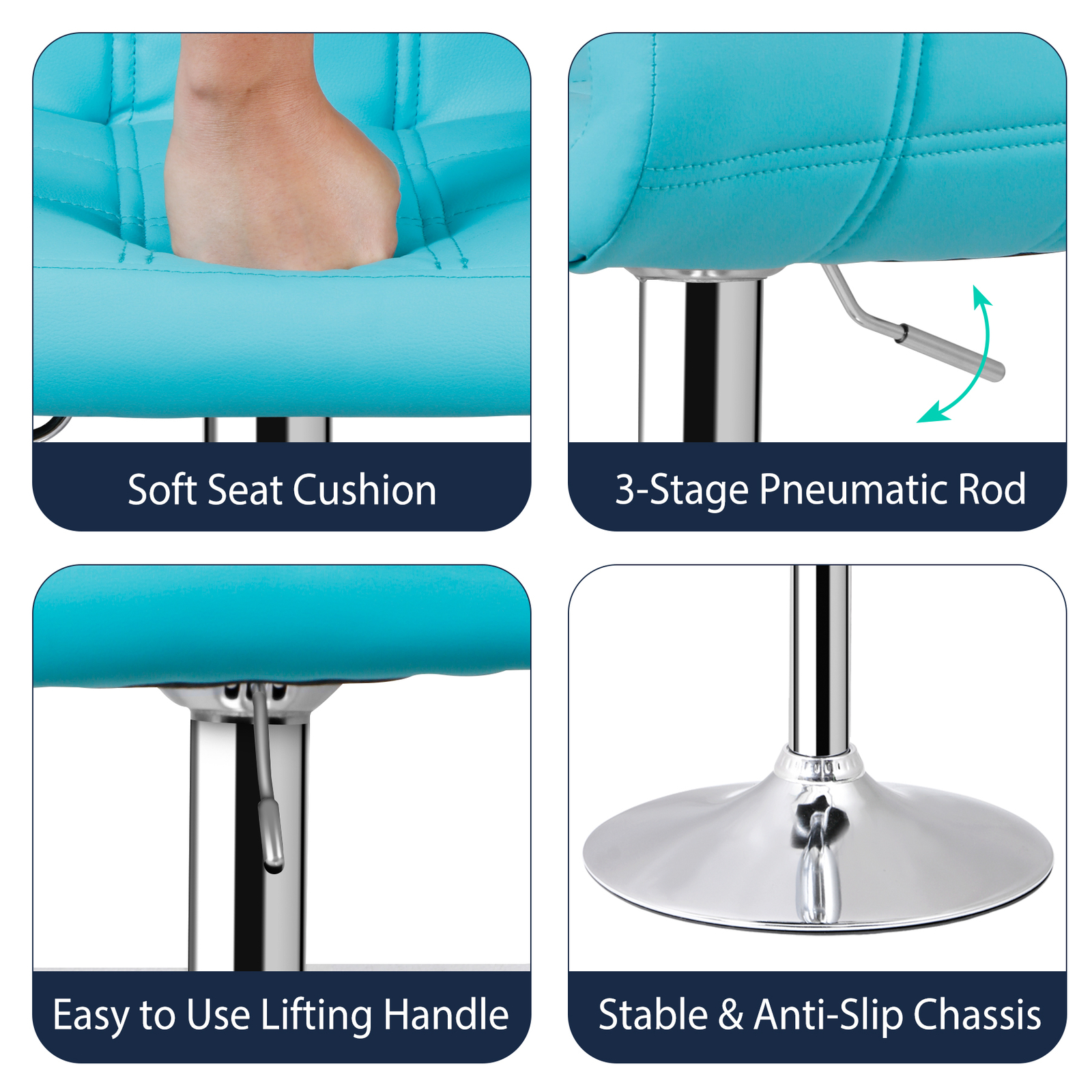 Two Pieces Height Adjustable Indoor Bart Stool 360 Rotation Metal Frame, Blue