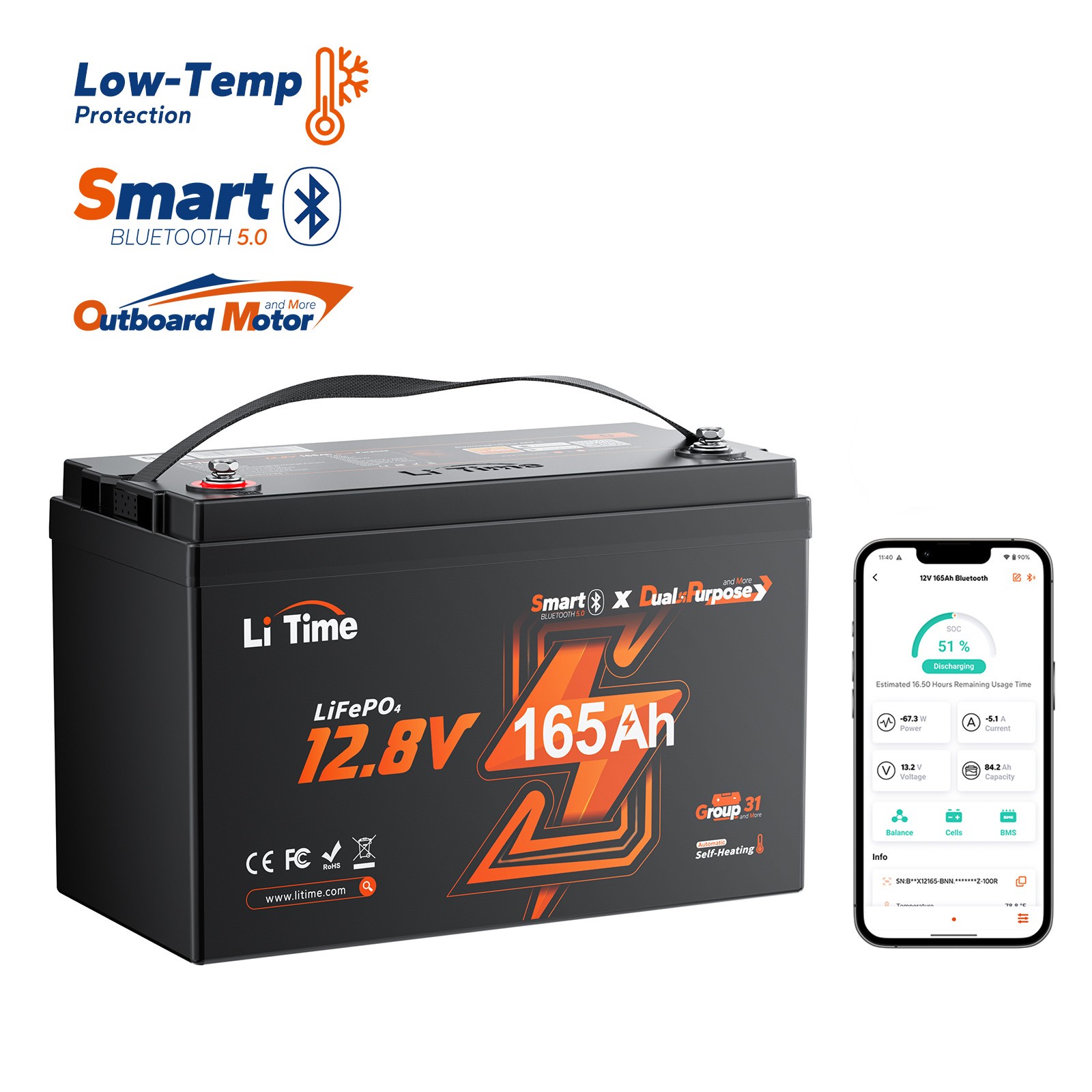 Refurbished LiTime 12V 165Ah Dual Use Marine Starting Lithium Battery 1200 CCA