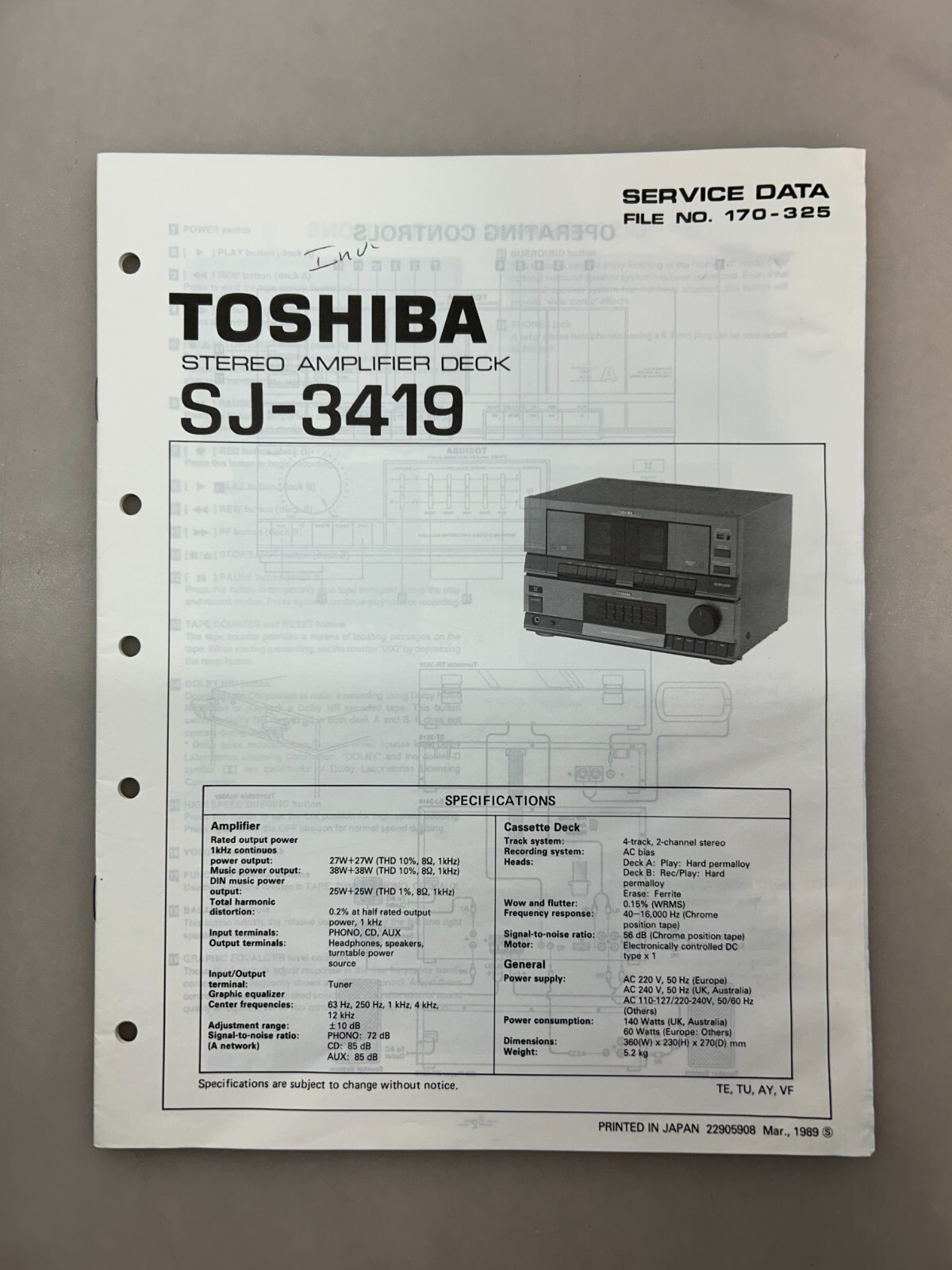 Toshiba SJ-3419 Original Service Manual Free Shipping