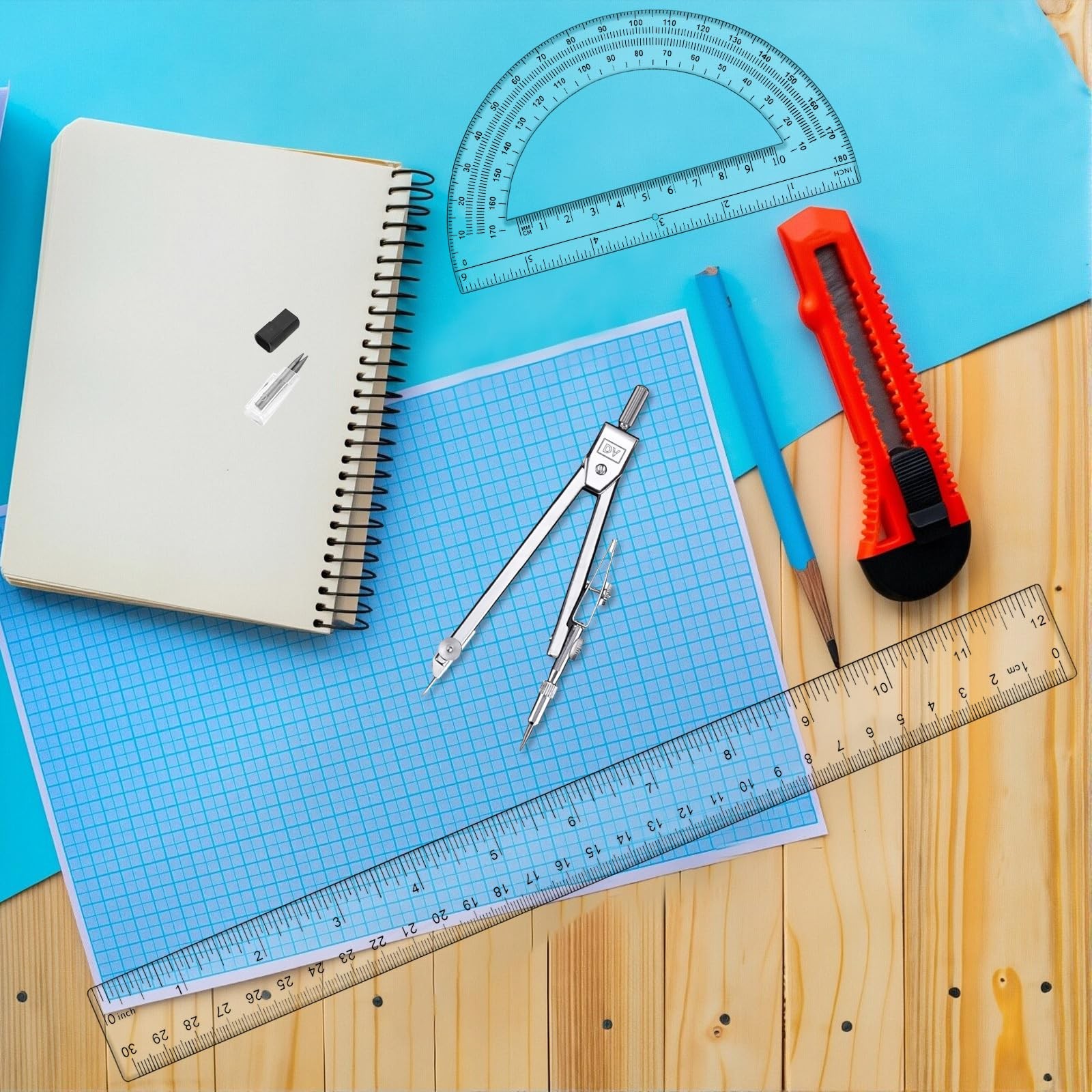 3 Pcs Plastic 12 Inch Ruler, Clear Protractor and Compasses Set for Student G...