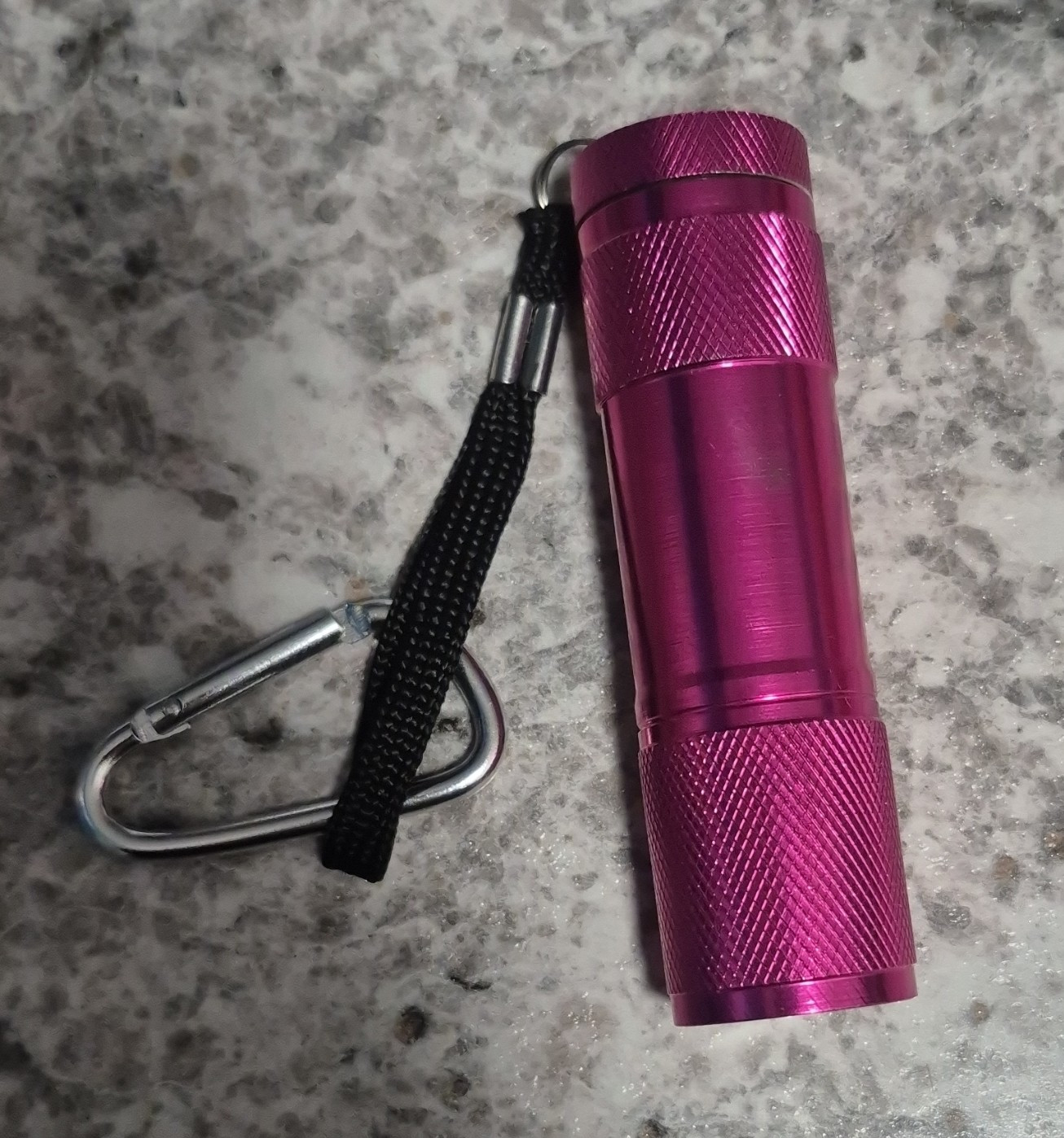 Pink Aluminum Mini LED Flashlight Keychain w/ Carabiner Clip & Wrist Strap