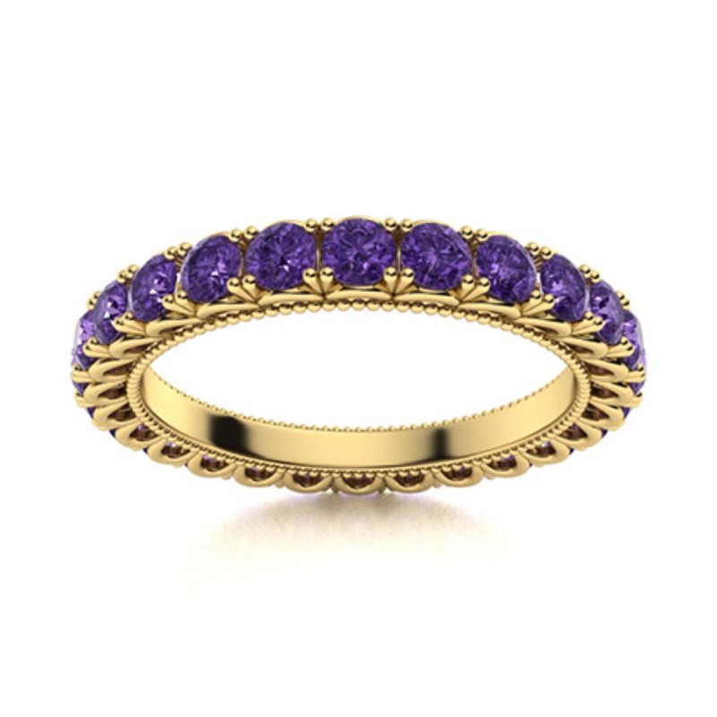 925 Silver Round Natural Amethyst Prong Artisan Eternity Wife Ring Jewelry