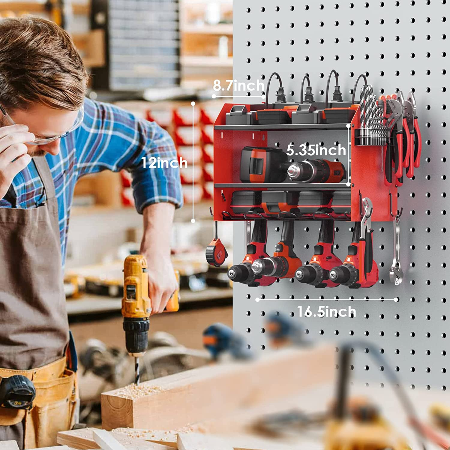 CCCEI Wall Mount Modular Tool Charging Organizer, Red, 1 Pack, 3 Tier. | Drill B