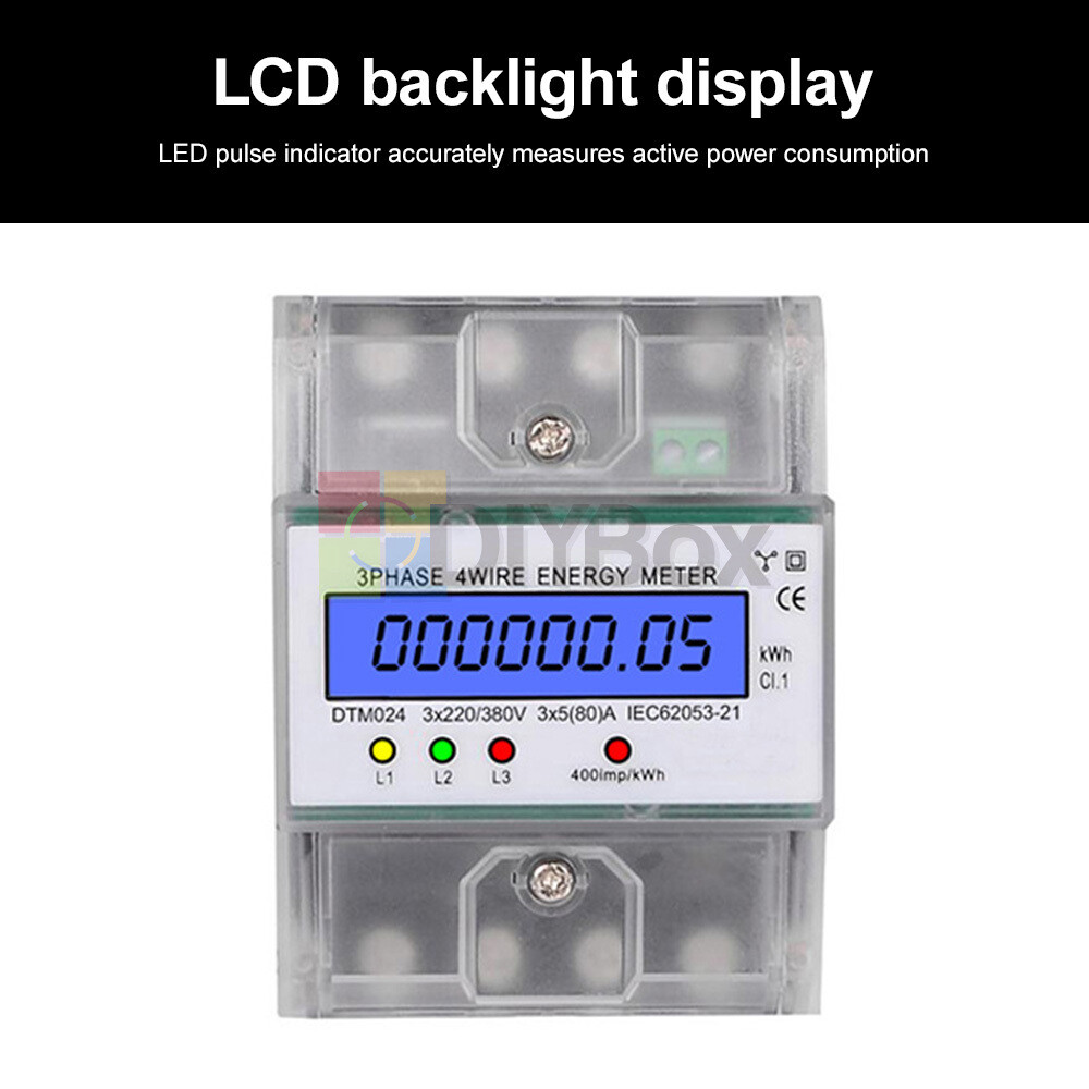 Electronic 3 Phase 4P Energy Meter AC Power LCD Backlight Display 3x220/380V 80A