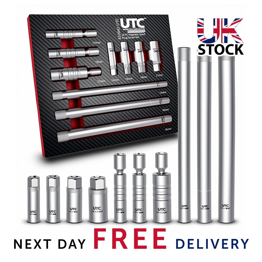 Spark Plug Socket Set 10 Piece Magnetic Swivel 3/8 Drive Thin Wall EVA Tray UK